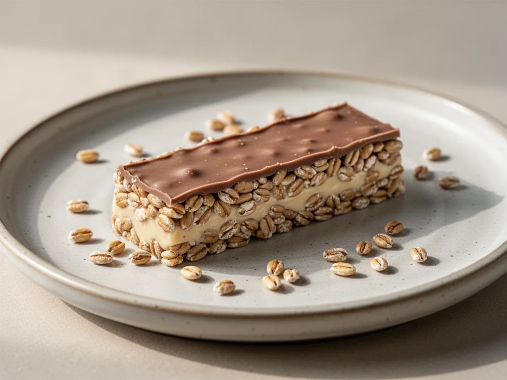 Domowy baton proteinowy w stylu Kinder Country z ekspandowanym orkiszem na minimalistycznym talerzu.