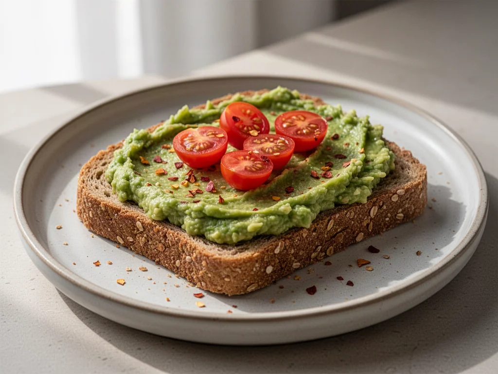 Tost z pełnoziarnistego pieczywa z pastą z awokado, pomidorkami koktajlowymi i płatkami chili na ceramicznym talerzu.