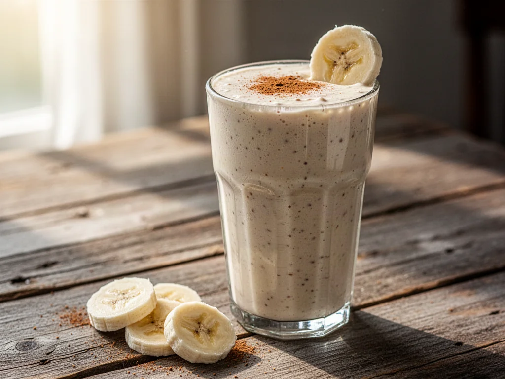 Kremowy koktajl bananowy w wysokiej szklance, udekorowany cynamonem i plastrami świeżego banana na drewnianym stole.