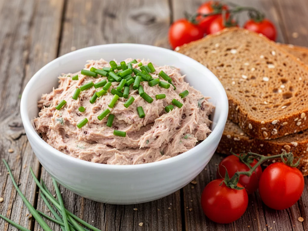Miska pasty z tuńczyka posypana szczypiorkiem, podana z pełnoziarnistym pieczywem i pomidorkami koktajlowymi.