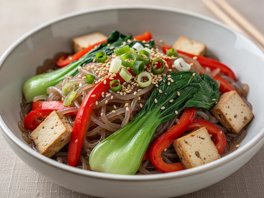 Miska makaronu konjac z tofu, bok choy i papryką, posypana sezamem i szczypiorkiem. Zdrowa i kolorowa propozycja fit dania.
