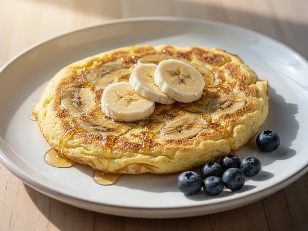 Puszysty omlet bananowy na białym talerzu, udekorowany plastrami banana, miodem i świeżymi borówkami.